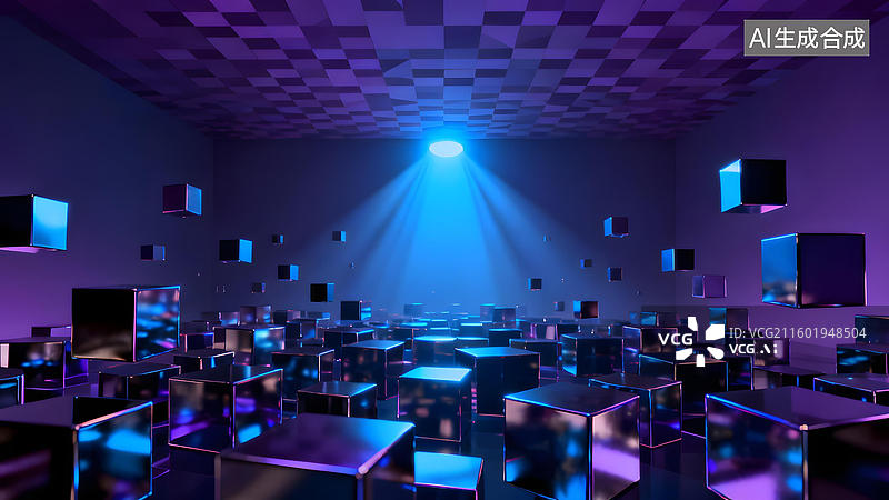 【AI数字艺术】蓝色光束照射的立方体空间图片素材