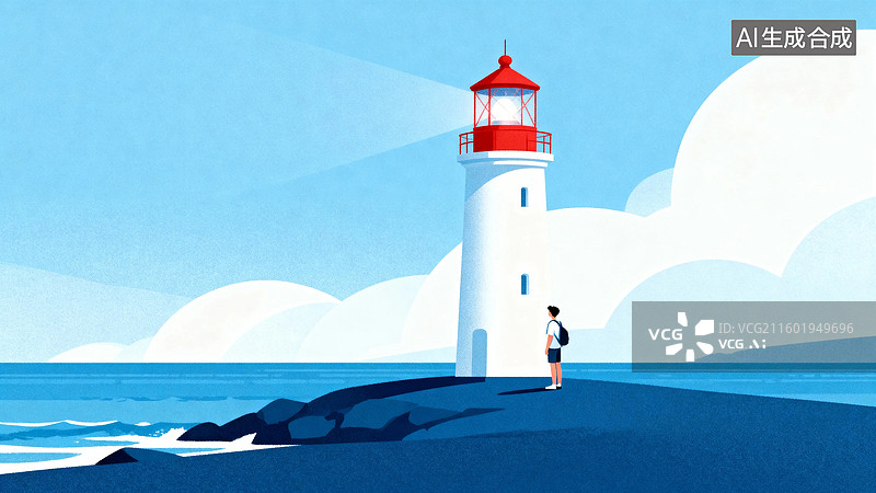 【AI数字艺术】海边灯塔旁的孤独身影图片素材