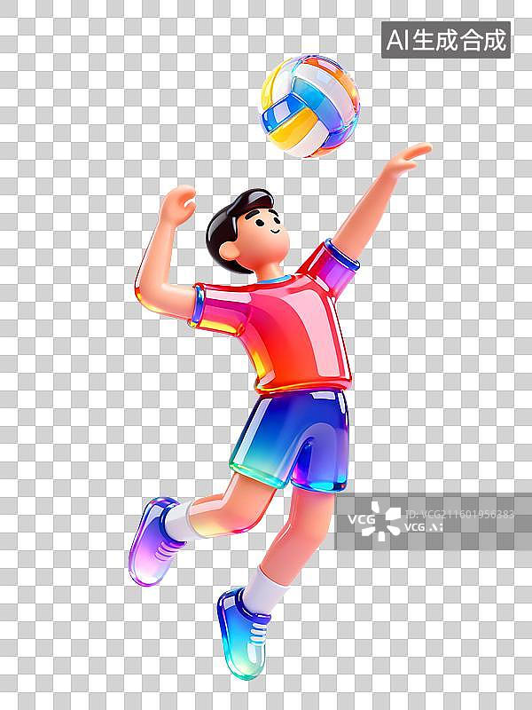 【AI数字艺术】3D渲染玻璃质感免扣元素：排球，排球运动，国家队，扣球，跳图片素材