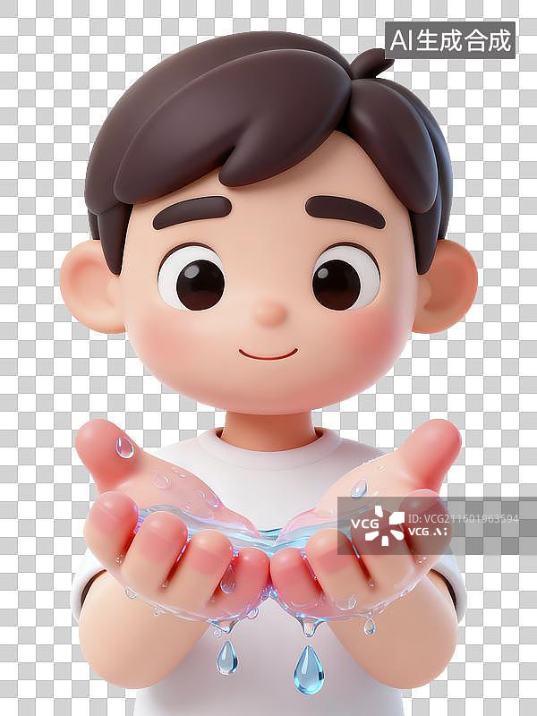 【AI数字艺术】卡通男生捧水滴插画图片素材