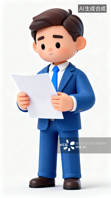 【AI数字艺术】白色背景下一位穿着蓝色西装正装的卡通男性商务人士手拿白色文档做演讲或汇报动作姿势图片素材
