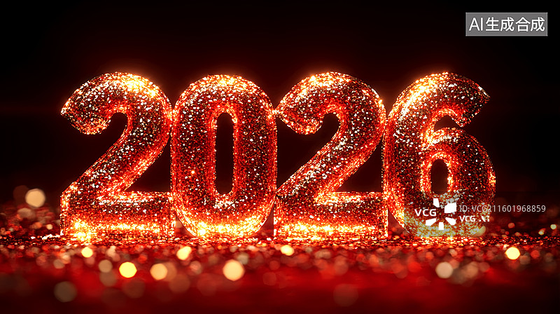 【AI数字艺术】2026年新年春节喜庆金色3D闪亮数字红色背景图片素材
