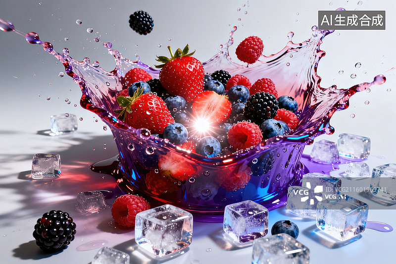 【AI数字艺术】色彩缤纷的浆果溅落与冰块图片素材