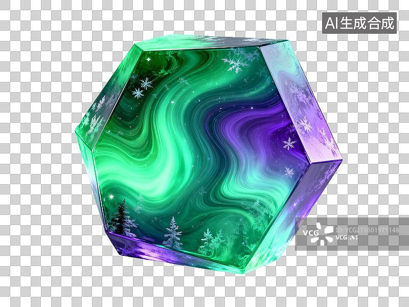 【AI数字艺术】装饰元素 几何形体 多面体水晶中的极光景象图片素材