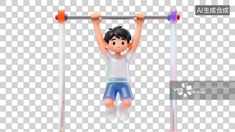 【AI数字艺术】一个彩色磨砂透明风格的男孩做引体向上 卡通人物健身锻炼  运动员正在进行单杠引体向上训练图片素材