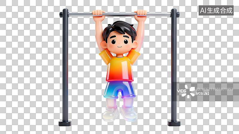 【AI数字艺术】一个彩色磨砂透明风格的男孩做引体向上 卡通人物健身锻炼  运动员正在进行单杠引体向上训练图片素材