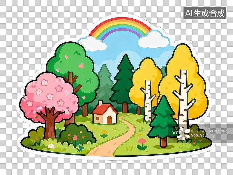 【AI数字艺术】春天彩虹樱花森林田园风光免抠素材图片素材