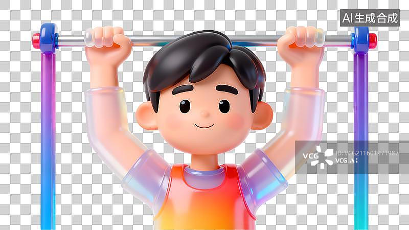 【AI数字艺术】一个彩色磨砂透明风格的男孩做引体向上 卡通人物健身锻炼  运动员正在进行单杠引体向上训练图片素材