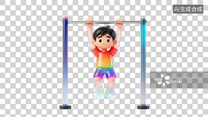 【AI数字艺术】一个彩色磨砂透明风格的男孩做引体向上 卡通人物健身锻炼  运动员正在进行单杠引体向上训练图片素材