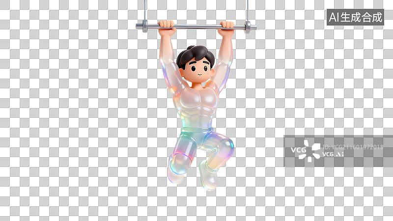 【AI数字艺术】一个彩色磨砂透明风格的男孩做引体向上 卡通人物健身锻炼  运动员正在进行单杠引体向上训练图片素材
