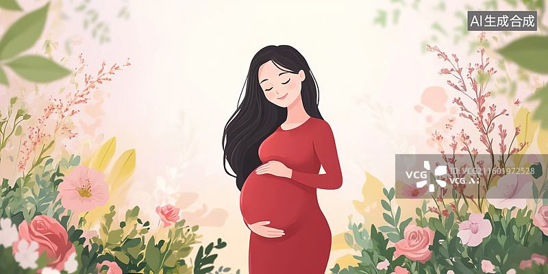 【AI数字艺术】幸福的孕妇抚摸肚子卡通插画——二孩生育概念图片素材
