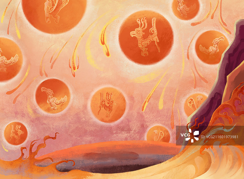 天上有十个太阳情景插画图片素材