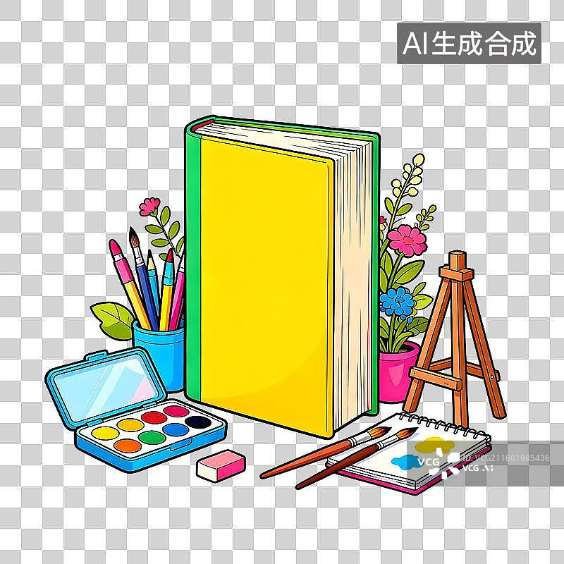 【AI数字艺术】多彩艺术用品与大书的创意场景图片素材