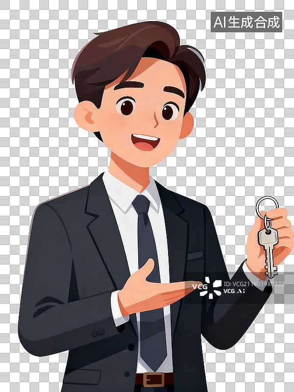 【AI数字艺术】穿着西装手持钥匙的房地产经纪人图片素材