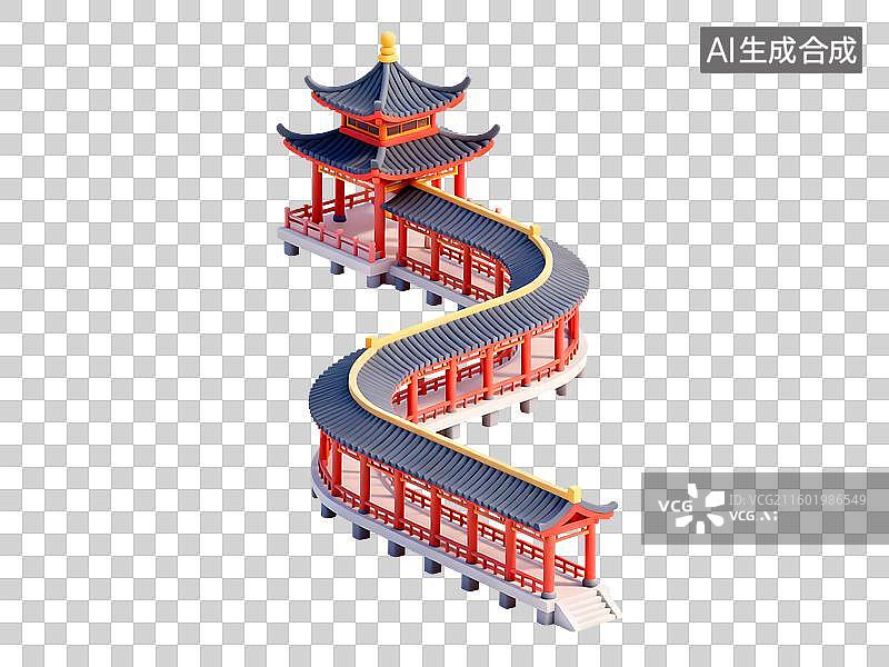 【AI数字艺术】传统中式蜿蜒廊桥与亭子图片素材