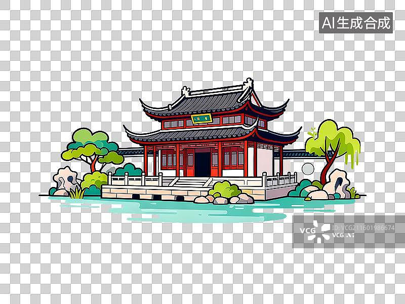 【AI数字艺术】水边传统中式亭阁图片素材