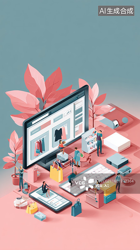 【AI数字艺术】在线购物平台场景插画图片素材