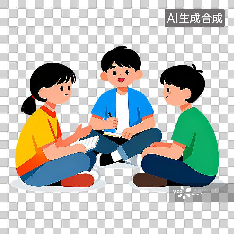 【AI数字艺术】三个孩子坐在一起讨论图片素材
