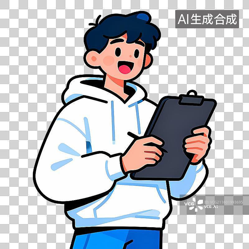 【AI数字艺术】穿白色连帽衫手持剪贴板的青年图片素材