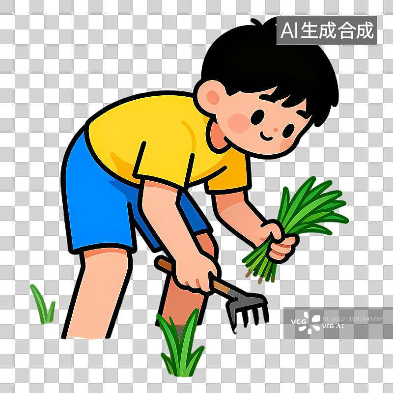 【AI数字艺术】男孩在户外除草劳作图片素材