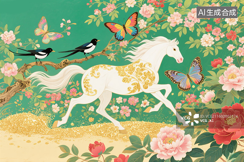 【AI数字艺术】2026马年时尚潮流创意插图 装饰画印花图案丝巾包装 手绘壁纸 鲜花盛开 丛林里的花鸟和蝴蝶 横版图片素材