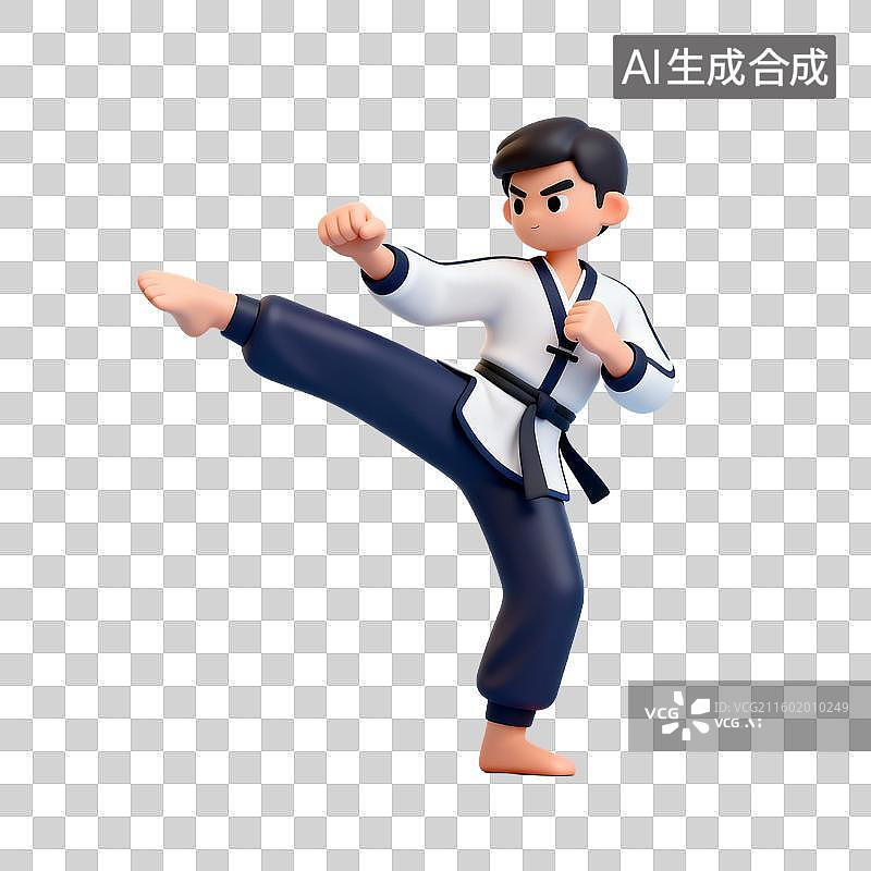 【AI数字艺术】人物跆拳道踢腿3D插画图片素材