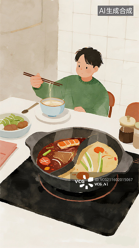 【AI数字艺术】重庆麻辣火锅，特色美食插画，鸳鸯火锅美食，坐桌前吃饭的男孩 竖版图片素材