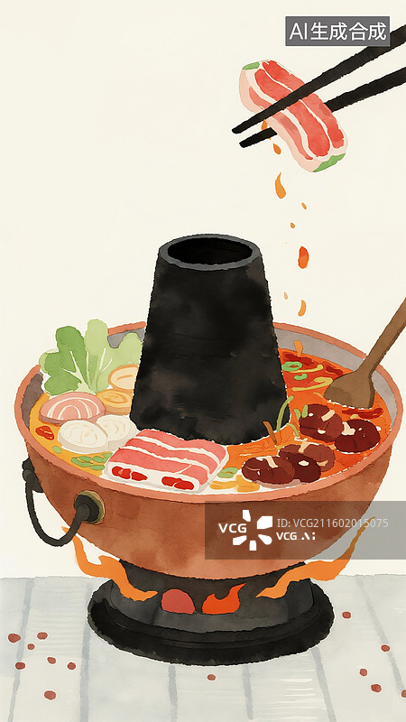 【AI数字艺术】青海省特色传统美食插画，海鲜大餐火锅美食，围炉煮茶插画 竖版图片素材