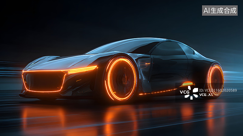 【AI数字艺术】未来感黑色跑车夜间光影效果图片素材