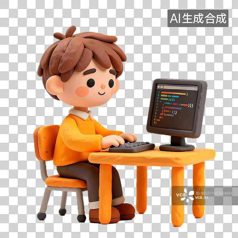 【AI数字艺术】可爱人物坐桌前编程图片素材