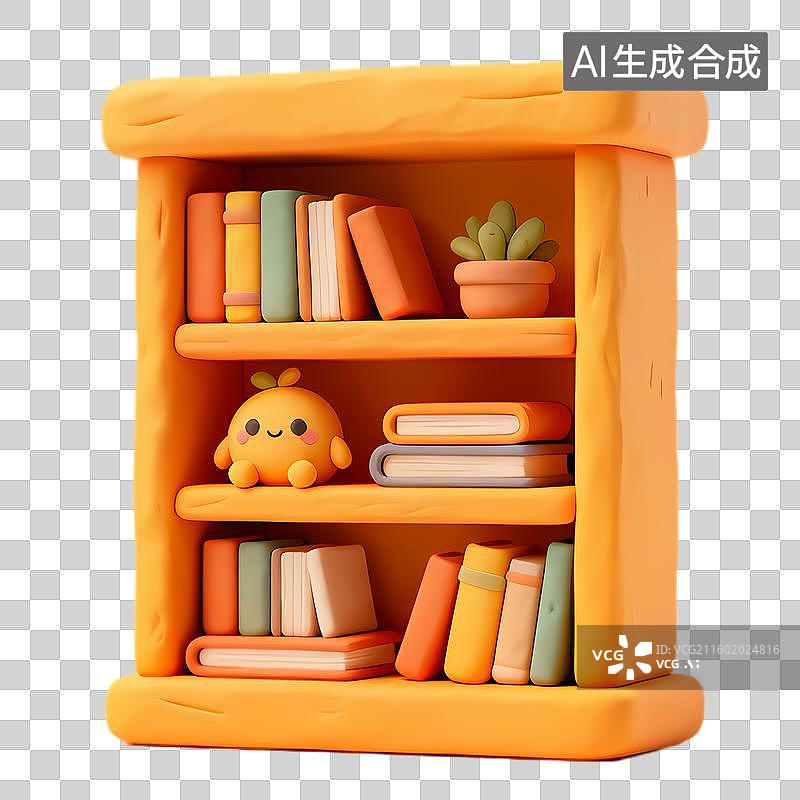【AI数字艺术】可爱橙色书架及多样书籍图片素材
