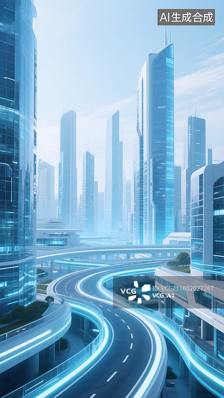 【AI数字艺术】科技城市，城市道路，蓝色建筑图片素材