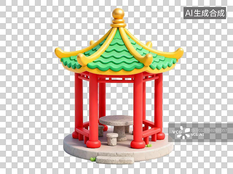 【AI数字艺术】中国传统建筑 六角亭 古建筑 免抠素材 3D 卡通图片素材