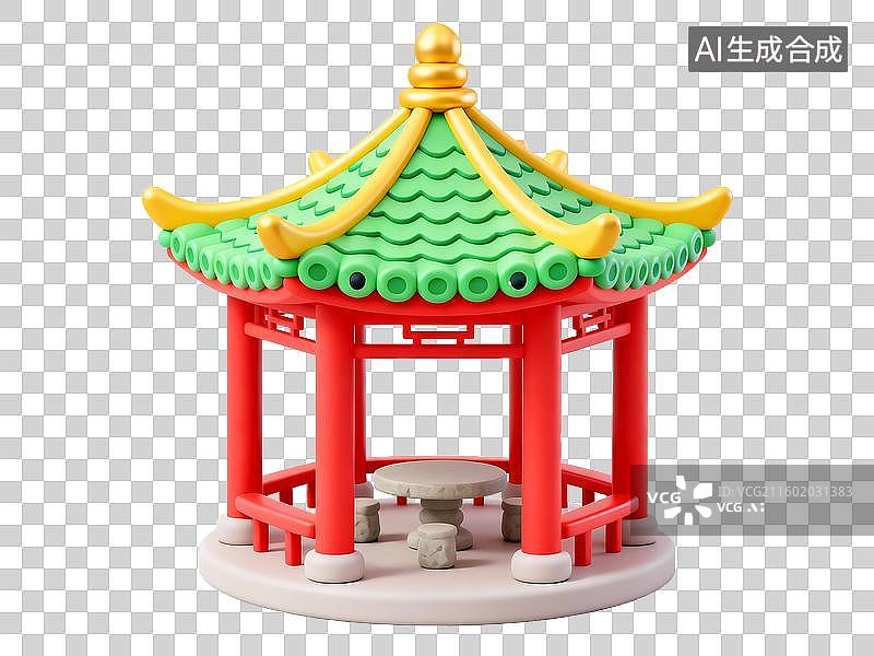 【AI数字艺术】中国传统建筑 六角亭 古建筑 免抠素材 3D 卡通图片素材
