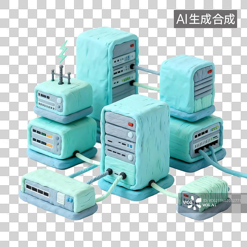 【AI数字艺术】一组连接着线缆的服务器电脑图片素材
