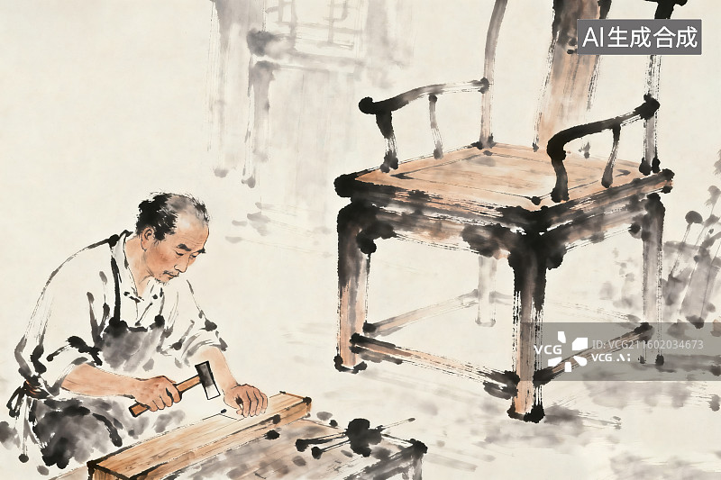 【AI数字艺术】中式传统水墨风格，木匠正在制作家具，远处的一把太师椅图片素材