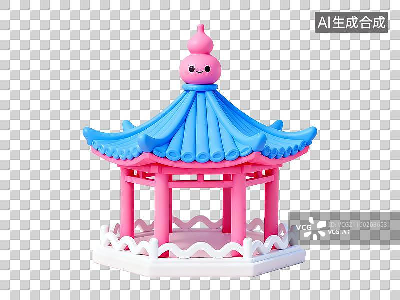 【AI数字艺术】中国传统六角亭 古建筑 免抠素材 3D卡通风格 园林建筑图片素材