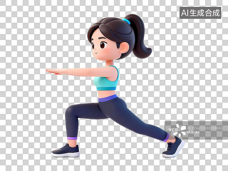 【AI数字艺术】弓步拉伸瑜伽3D立体卡通健身锻炼人物姿势全身像图片素材