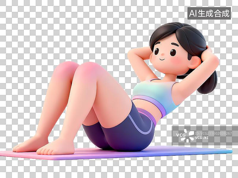 【AI数字艺术】瑜伽仰卧起坐卷腹3D立体卡通健身锻炼人物姿势全身像图片素材