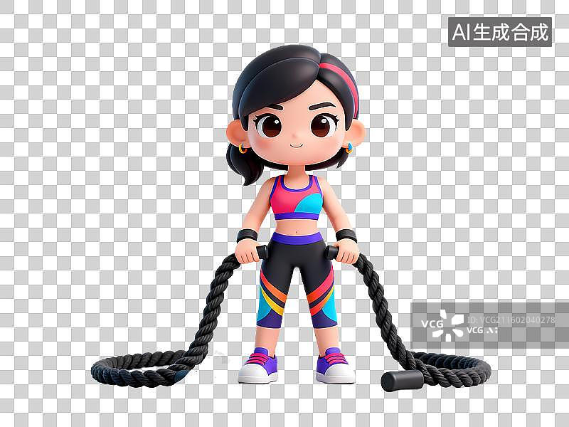 【AI数字艺术】战绳女孩3D立体卡通健身锻炼人物姿势全身像图片素材