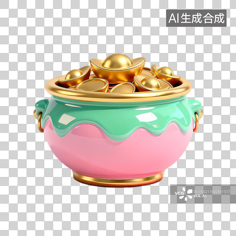 【AI数字艺术】装满金元宝的彩色聚宝盆图片素材