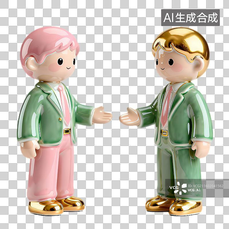 【AI数字艺术】两个穿绿西装的人偶握手图片素材