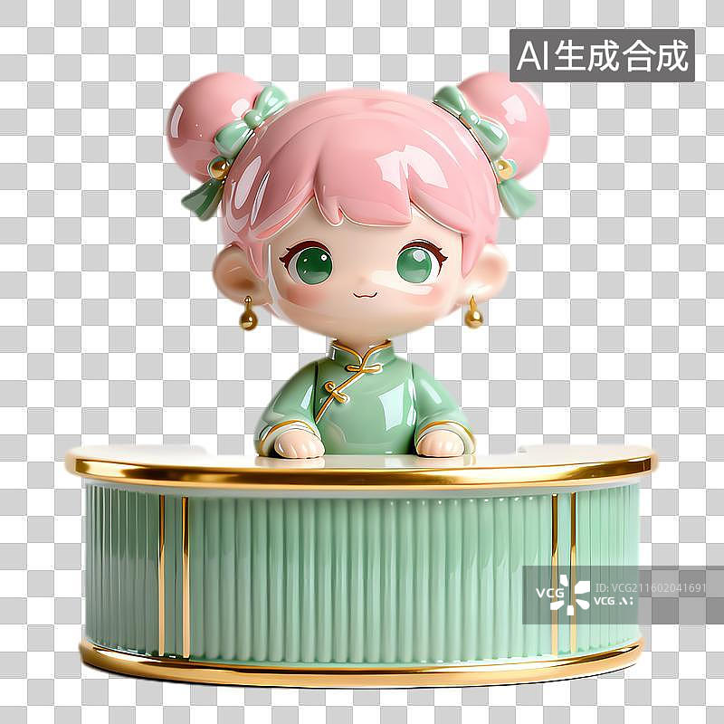 【AI数字艺术】可爱粉发绿衣女孩摆件图片素材