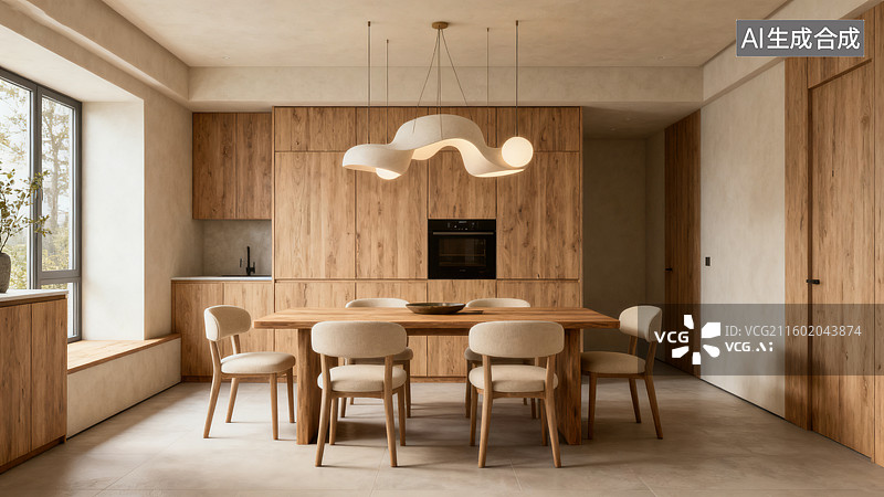 【AI数字艺术】简约自然质朴的木质桌椅艺术灯餐厅图片素材
