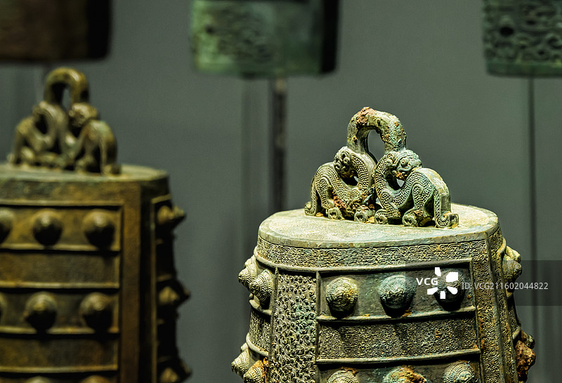 山西博物院展览文物——襄汾县陶寺北墓地出土春秋青铜乐器缚钟铜钮特写图片素材