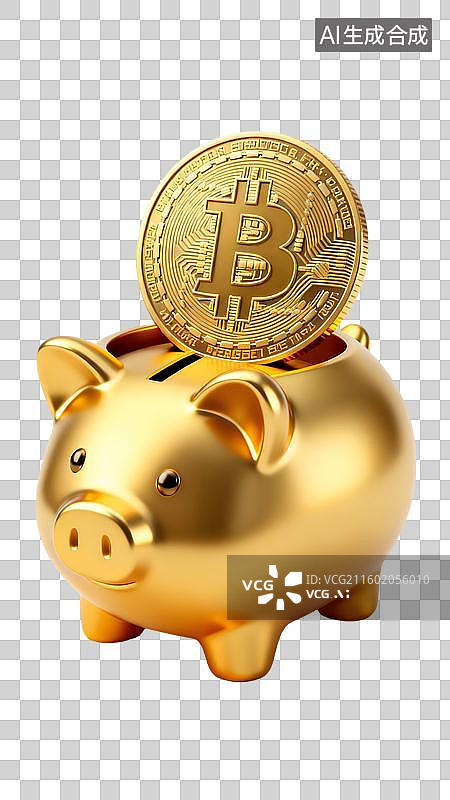 【AI数字艺术】白色背景下的比特币和小猪储蓄罐特写镜头图片素材