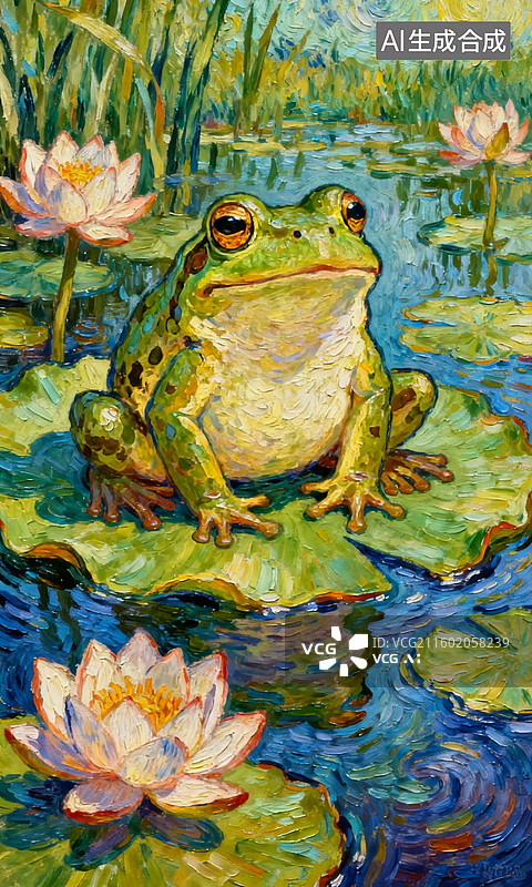 【AI数字艺术】动物插画 儿童插画 坐在荷叶上的青蛙图片素材