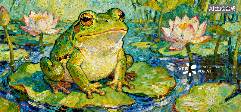 【AI数字艺术】动物插画 儿童插画 坐在荷叶上的青蛙图片素材