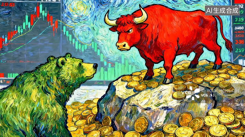 【AI数字艺术】财经主题插画 绿熊看着石头上的红牛图片素材