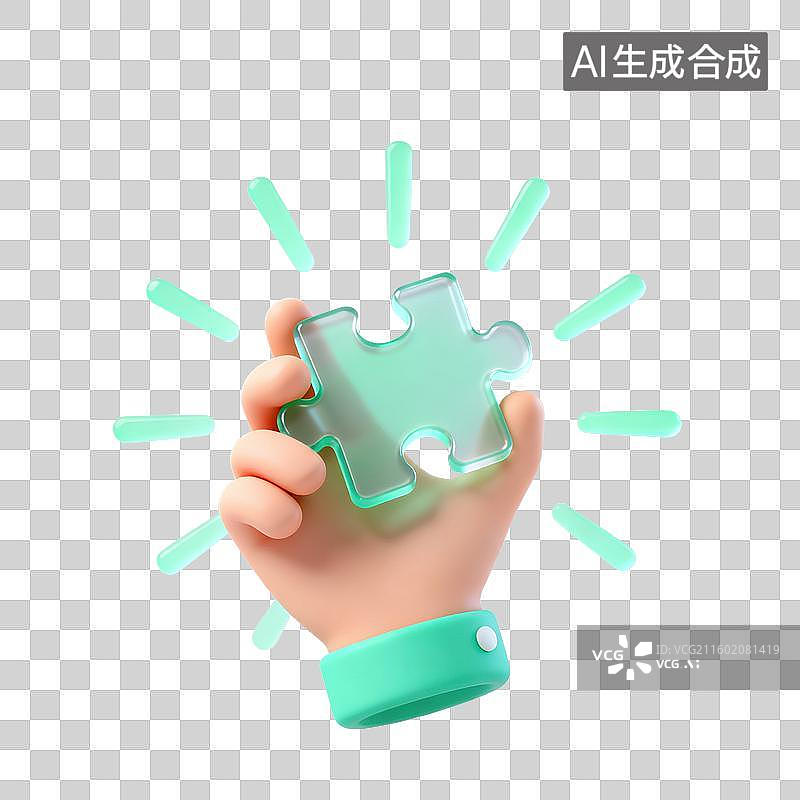 【AI数字艺术】3D磨砂玻璃材质手势手拿拼图元素图片素材